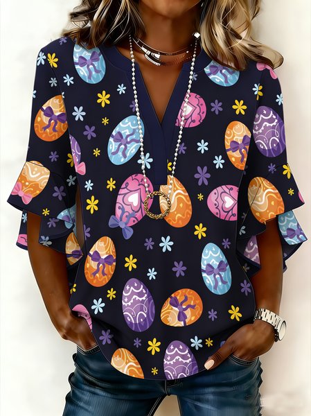 V Neck Half Sleeve 3D Printing Regular Regular Fit Shirt For Women