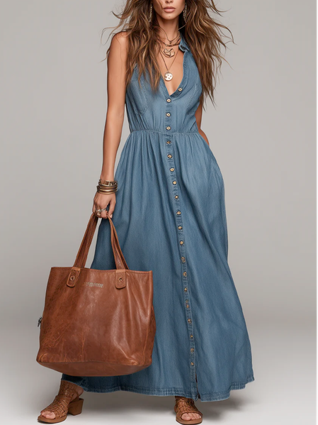 

Denim Urban Plain Buttoned Shawl Collar Maxi Dress, Blue, Maxi Dresses