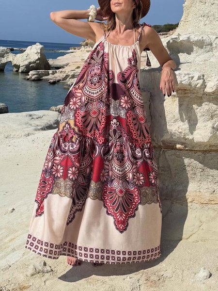 Vacation Ethnic Printing Spaghetti Maxi Dress
