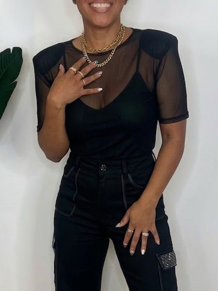 

Urban Plain Shoulder Pad Blouse With Inner Wear, Black, Blouses and Shirts