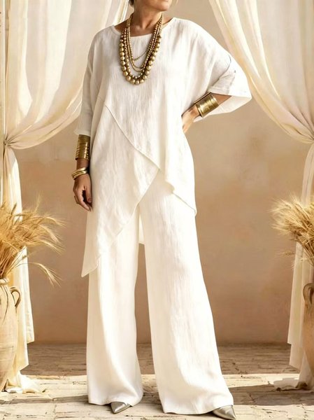 

Women Plain Two-Piece Set Daily Half Sleeve Vintage Summer Top With Pants Matching Set, White, Sets