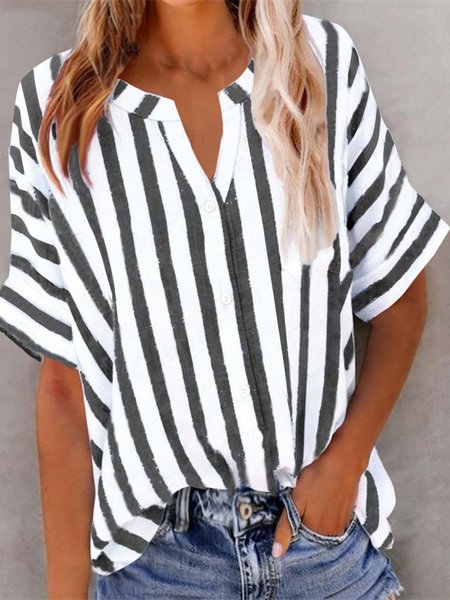 

Women Striped V Neck Half Sleeve Shirt Split Joint Casual Daily Summer Top, Black, Blouses