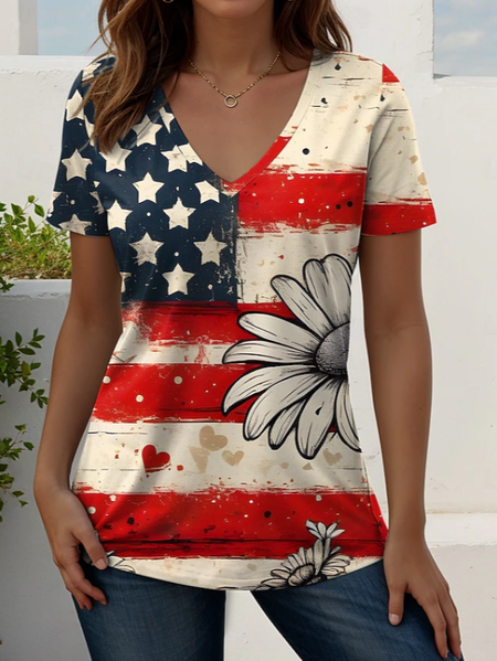 

Women Star Short Sleeve Tee T-shirt V Neck Printing Vintage Summer Top, As picture, T-Shirts