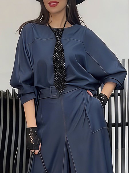 

Casual Plain Balloon Sleeve Soft Denim Top With Tie, Blue, Tops