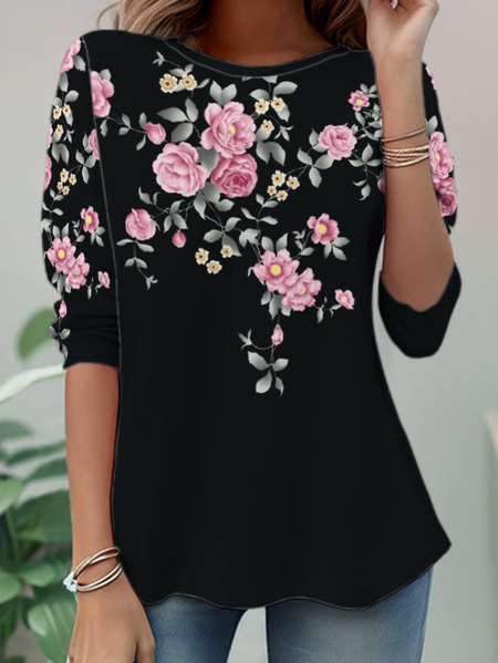 

Women Floral Long Sleeve Tee T-shirt Crew Neck Casual Tunic Spring/Fall Top, Black, T-Shirts