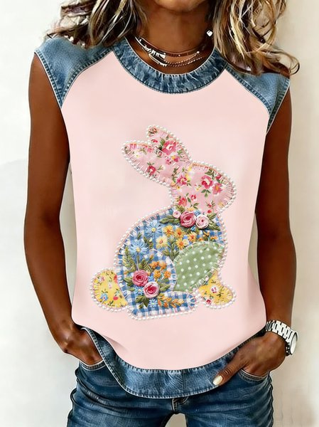 

Vintage Floral Crew Neck Sleeveless T-shirt, Color4, Tanks & Camis
