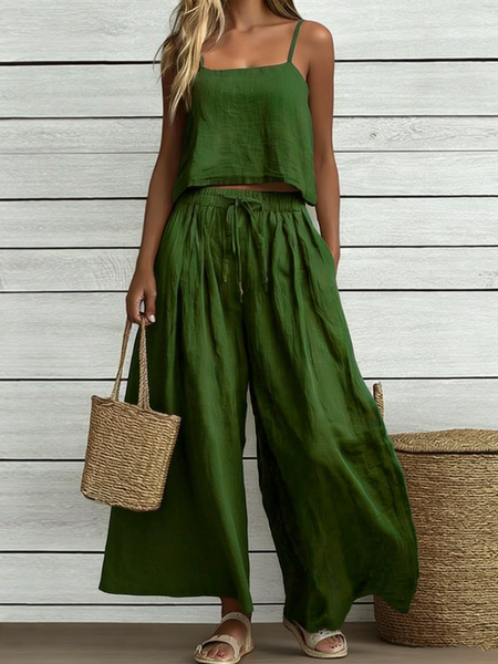 Women Plain Two-Piece Set Daily Sleeveless Vintage Summer Top With Pants Matching Set