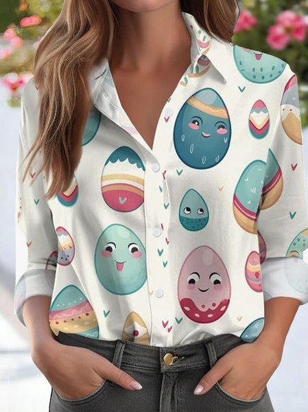 

Shawl Collar Long Sleeve 3D Printing Regular Loose Shirt For Women, As picture, Shirts