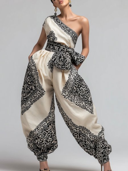 

Urban Printing Ethnic Asymmetrical Jumpsuit With Belt, As picture, Jumpsuits