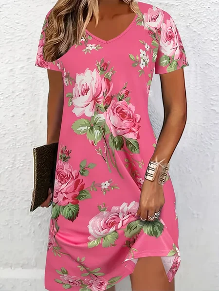 

Women Floral Short Sleeve V Neck Printing Dress Daily Casual Midi Classic A-Line Summer Dress, Pink, Casual Dresses