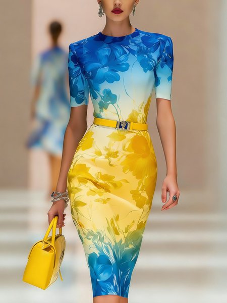 Elegant Floral Printing Midi Dress No Belt