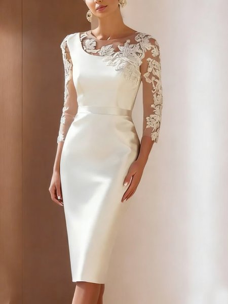 

Elegant Plain Split Joint Crew Neck Knee Length Dress, White, Cocktail Dresses