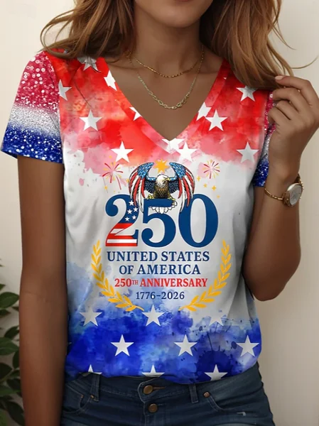 

Vintage Text Letters V Neck Short Sleeve T-shirt, As picture, T-shirts