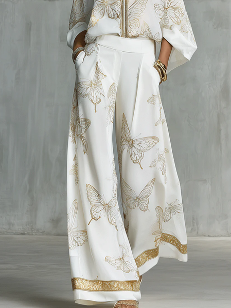 

Casual Butterfly Printing Wide Leg Pants, White, Pants