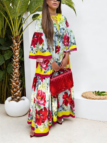 

Urban Floral Printing Crew Neck Maxi Dress, Red, Maxi Dresses