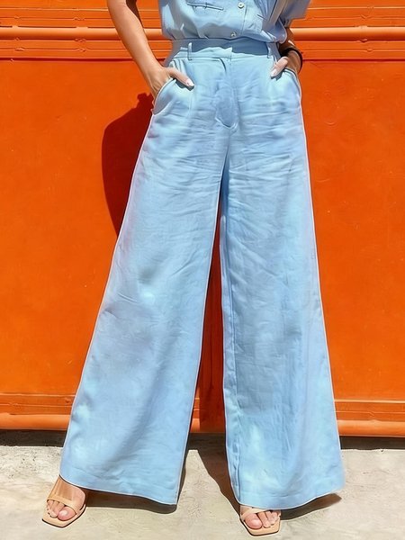 

Cotton And Linen Urban Plain Wide Leg Pants, Blue, Pants