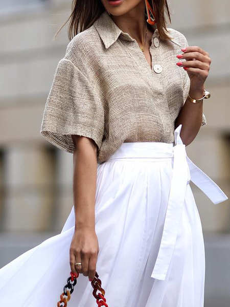 

Linen Casual Plain Shirt Collar Shirt, As picture, Blouses and Shirts