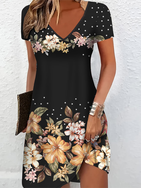 

Women Floral Short Sleeve V Neck Printing Dress Daily Casual Midi Classic A-Line Summer Dress, Black, Casual Dresses