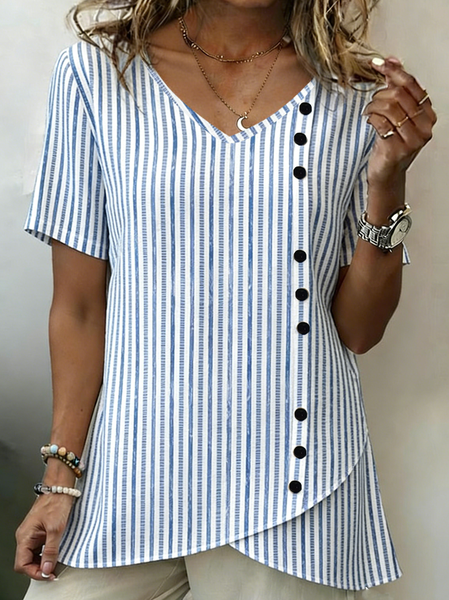 

V Neck Short Sleeve Striped Regular Loose Shirt For Women, Blue, T-shirts