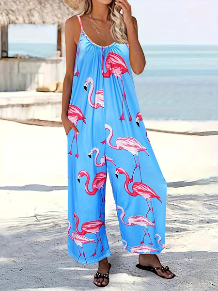 Women Butterfly Crew Neck Sleeveless Casual Summer Jumpsuit