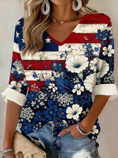 

Casual 3D Printing V Neck Three Quarter Sleeve T-shirt, Red-blue, T-shirts