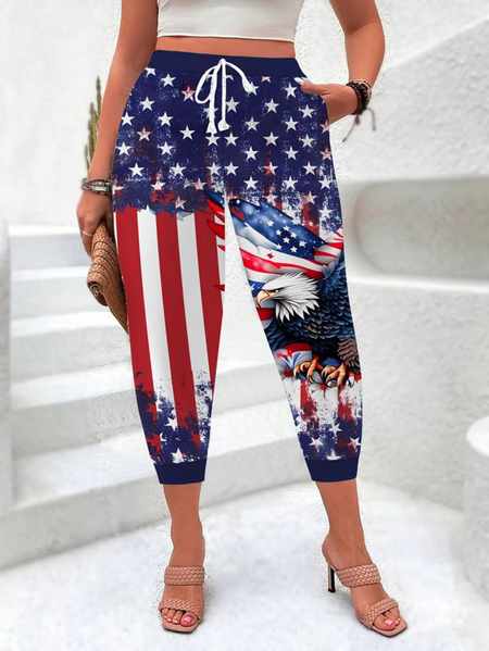 Women America Flag Capris Pants Casual Summer Trousers