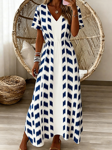 

Women Geometric Summer Dress V Neck Short Sleeve A-Line Dress, Blue, Dresses