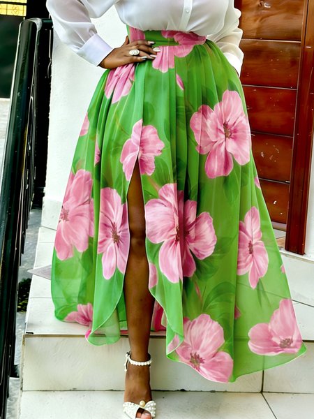 

Vacation Printing Floral Maxi Skirt, Green, Skirts