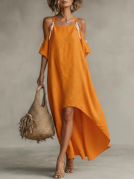 

Cotton And Linen Casual Plain Cold Shoulder Maxi Dress, Orange, Midi Dresses