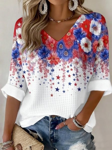 

Casual 3D Printing V Neck Three Quarter Sleeve T-shirt, As picture, T-shirts