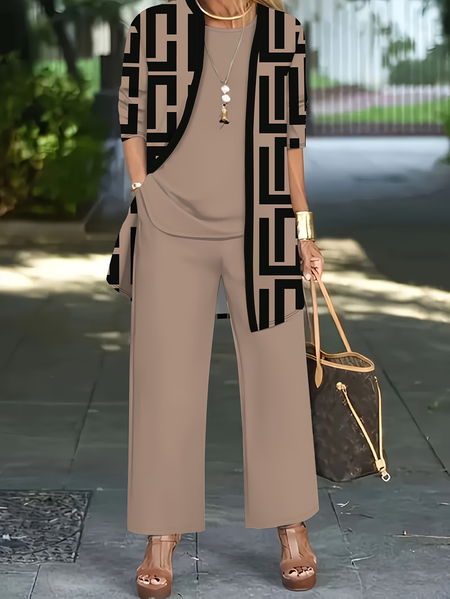

Women Abstract Printing Matching Outfit Daily Long Sleeve Casual Spring/Fall Multi-Piece Set Matching Set, Khaki, Suit Set