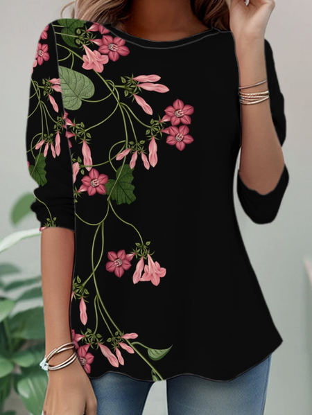 

Women Floral Long Sleeve Tee T-shirt Crew Neck Casual Tunic Spring/Fall Top, Black, T-Shirts