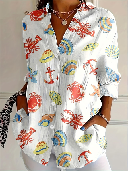 

Women Marine Life Shirt Collar Long Sleeve Shirt Buckle Regular Sleeve Casual Daily Spring/Fall Top, White, Shirts