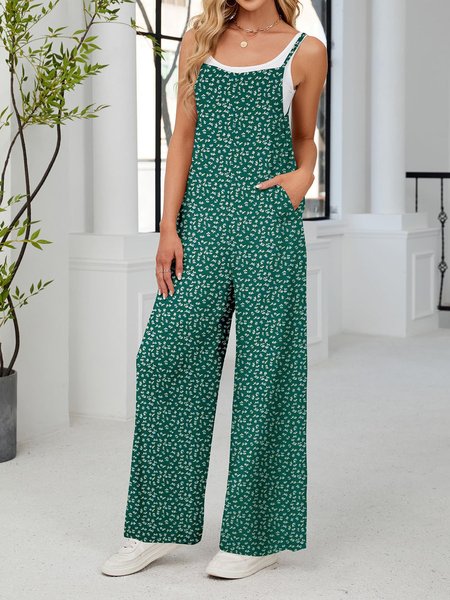

Women Floral V Neck Sleeveless Casual Summer Jumpsuit, Deep green, Jumpsuits&Rompers