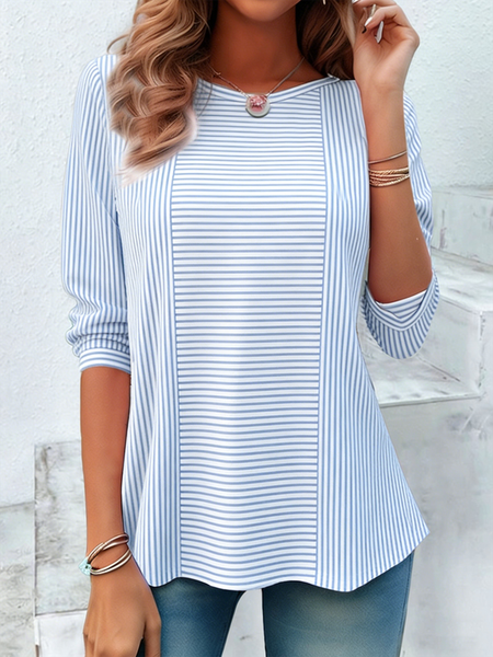 

Casual Striped Crew Neck Long Sleeve T-shirt, Blue, T-shirts