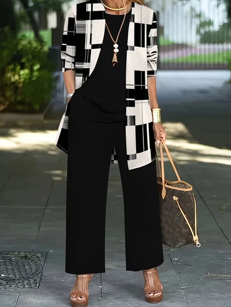 

Women Abstract Printing Matching Outfit Daily Long Sleeve Casual Spring/Fall Multi-Piece Set Matching Set, Black, Suit Set