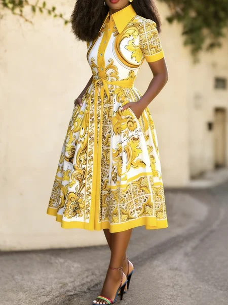 Urban Ethnic Shirt Collar Midi Dress With Belt
