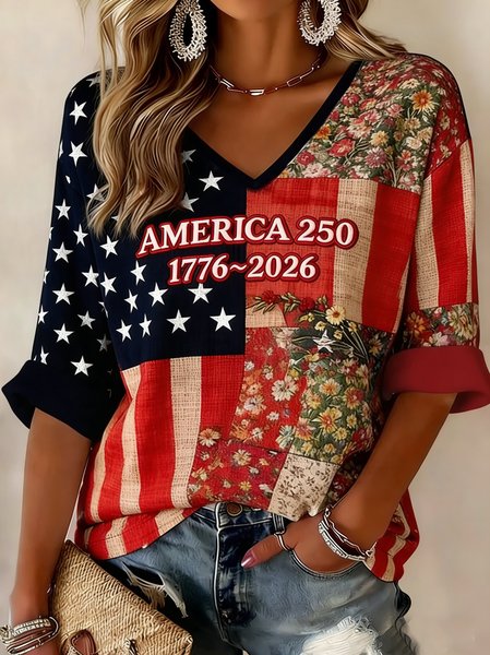 Vintage 3D Printing V Neck Three Quarter Sleeve T-shirt