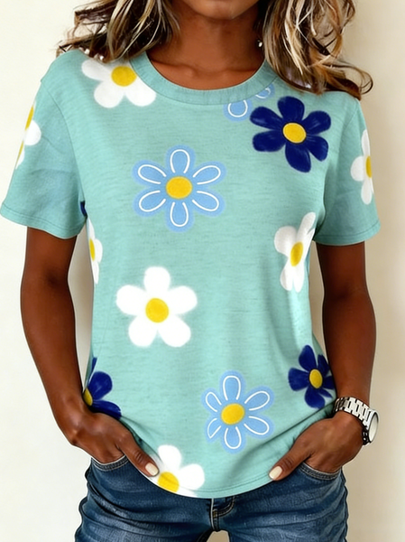 

Casual Floral Crew Neck Short Sleeve T-shirt, As picture, T-shirts