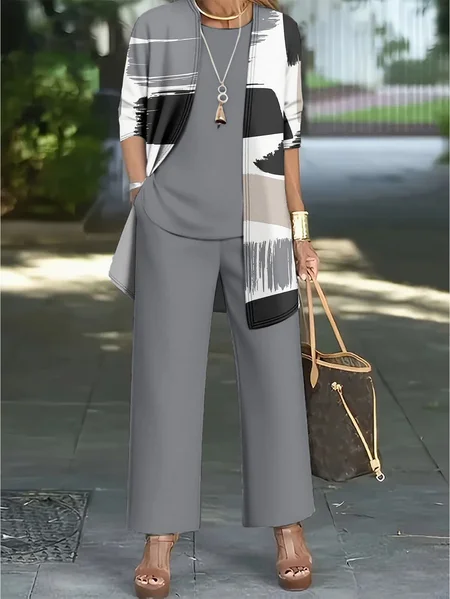 

Women Abstract Printing Matching Outfit Daily Long Sleeve Casual Spring/Fall Multi-Piece Set Matching Set, Gray, Sets