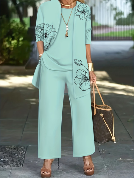 

Women Floral Printing Matching Outfit Daily Long Sleeve Casual Spring/Fall Multi-Piece Set Matching Set, Green, Suit Set