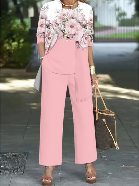 

Women Floral Printing Matching Outfit Daily Long Sleeve Casual Spring/Fall Multi-Piece Set Matching Set, Pink, Suit Set