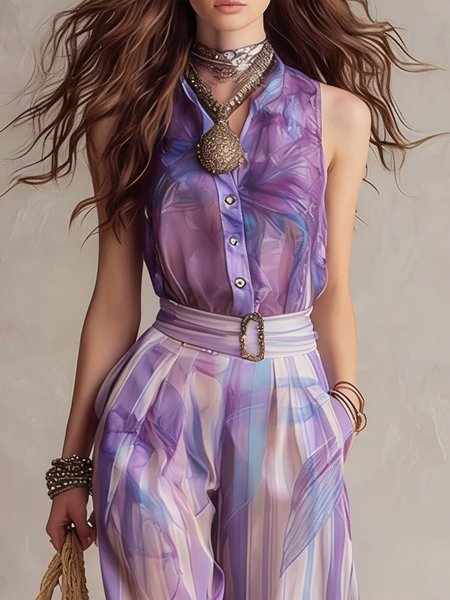 

Urban Abstract Printing Shirt Collar Shirt, Purple, Blouses and Shirts