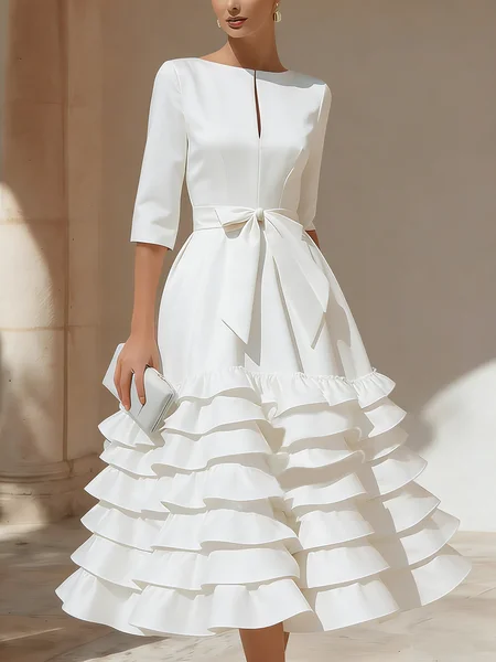 Elegant Plain Folds Peplum Notched Party Midi Dress With Belt