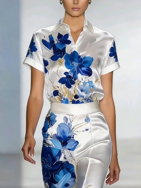 

Satin Elegant Floral Printing Shirt Collar Shirt, White, Blouses and Shirts