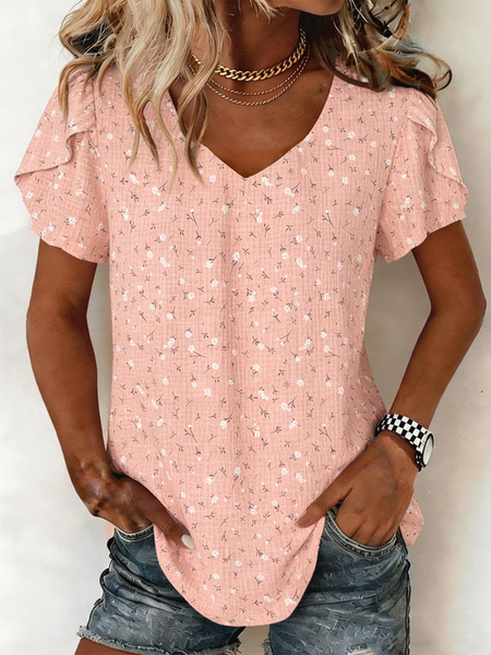 V Neck Short Sleeve Floral Regular Micro-Elasticity Loose Shirt For Women