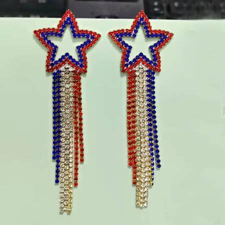 America Independence Day Long Style Fringed Heart Shaped Stud Crystal Accents Ultra Shiny Earrings
