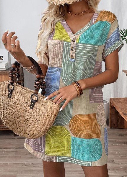 Women Geometric Summer Dress Short Sleeve H-Line Dress