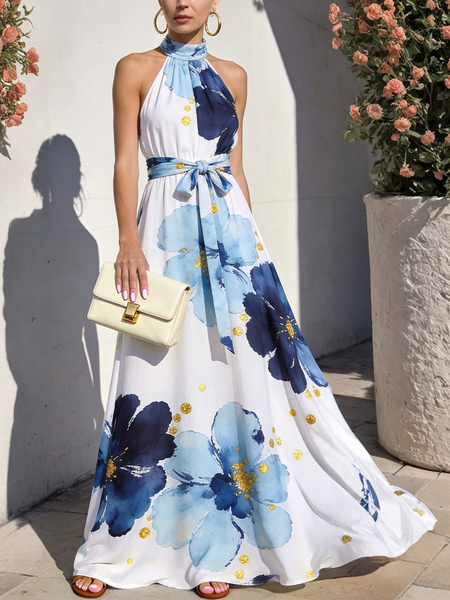 

Vacation Floral Stand Collar Maxi Dress With Belt, As picture, Maxi Dresses