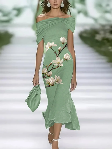 

Women Floral Cap Sleeve Cold Shoulder Printing Dress Daily Vintage Maxi H-Line Summer Dress, Green, Casual Dresses